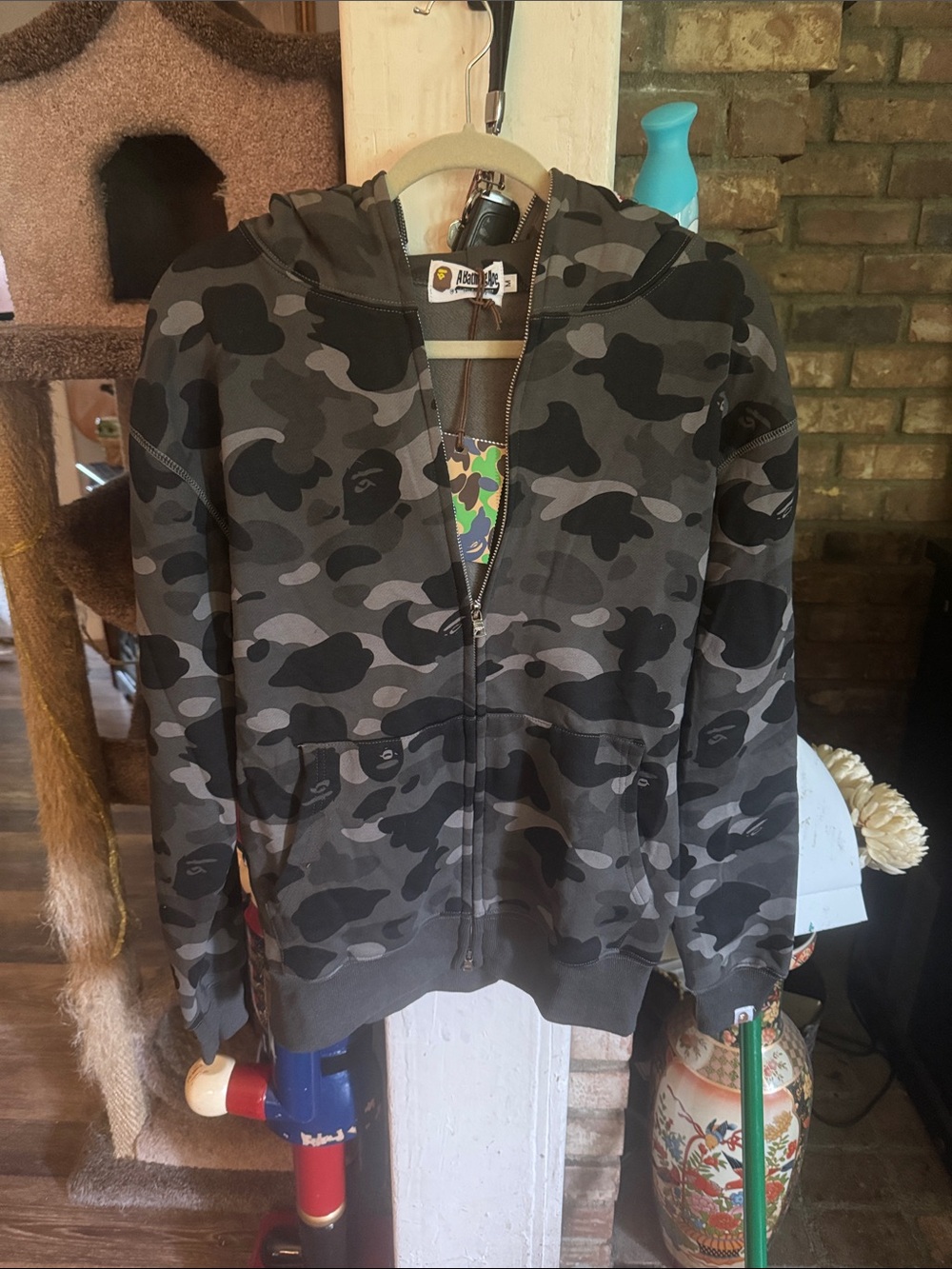 Men's Dark Gray Camo Hoodie with Embroidered Shark Hood